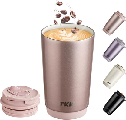 TKK Coffee Cup with Ceramic Coating - 14oz Insulated Stainless Steel Travel Mug, Leak-Proof Tumblers with Straw for Hot/Cold Beverages, Easy Wide Mouth Cleaning, White
