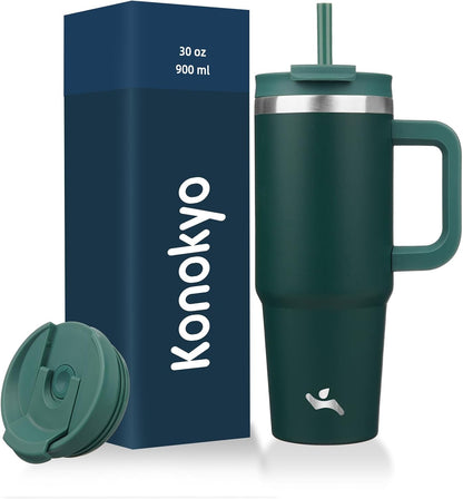 Konokyo 30 oz Tumbler with Handle and 2 Straws,2 in 1 Lid Insulated Water Bottle Stainless Steel Travel Coffee Mug,Sky