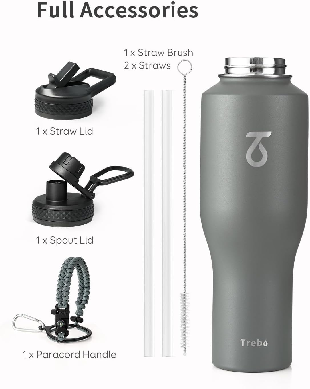 Trebo 40 oz Water Bottle Insulated Fit Car Cup Holder with Handle, Stainless Steel Water Bottles Tumbler with Spout Straw Lids, Double Wall Travel Reusable Flask, Leakproof Mug,Keep Cold &Hot,Black