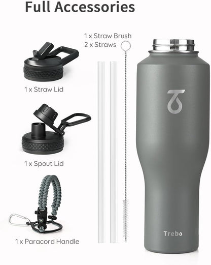 Trebo 40 oz Water Bottle Insulated Fit Car Cup Holder with Handle, Stainless Steel Water Bottles Tumbler with Spout Straw Lids, Double Wall Travel Reusable Flask, Leakproof Mug,Keep Cold &Hot,Black