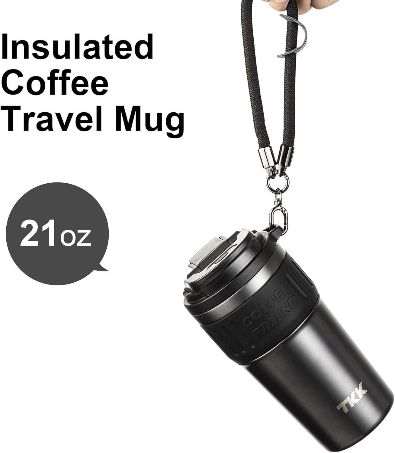 TKK Insulated Coffee Mug with Ceramic Coating, 21oz Iced Coffee Tumbler Cup with Straw Lid Double Wall Vacuum Leak Proof Travel Mug with Strap for Hot and Iced Beverage, Tungsten Steel