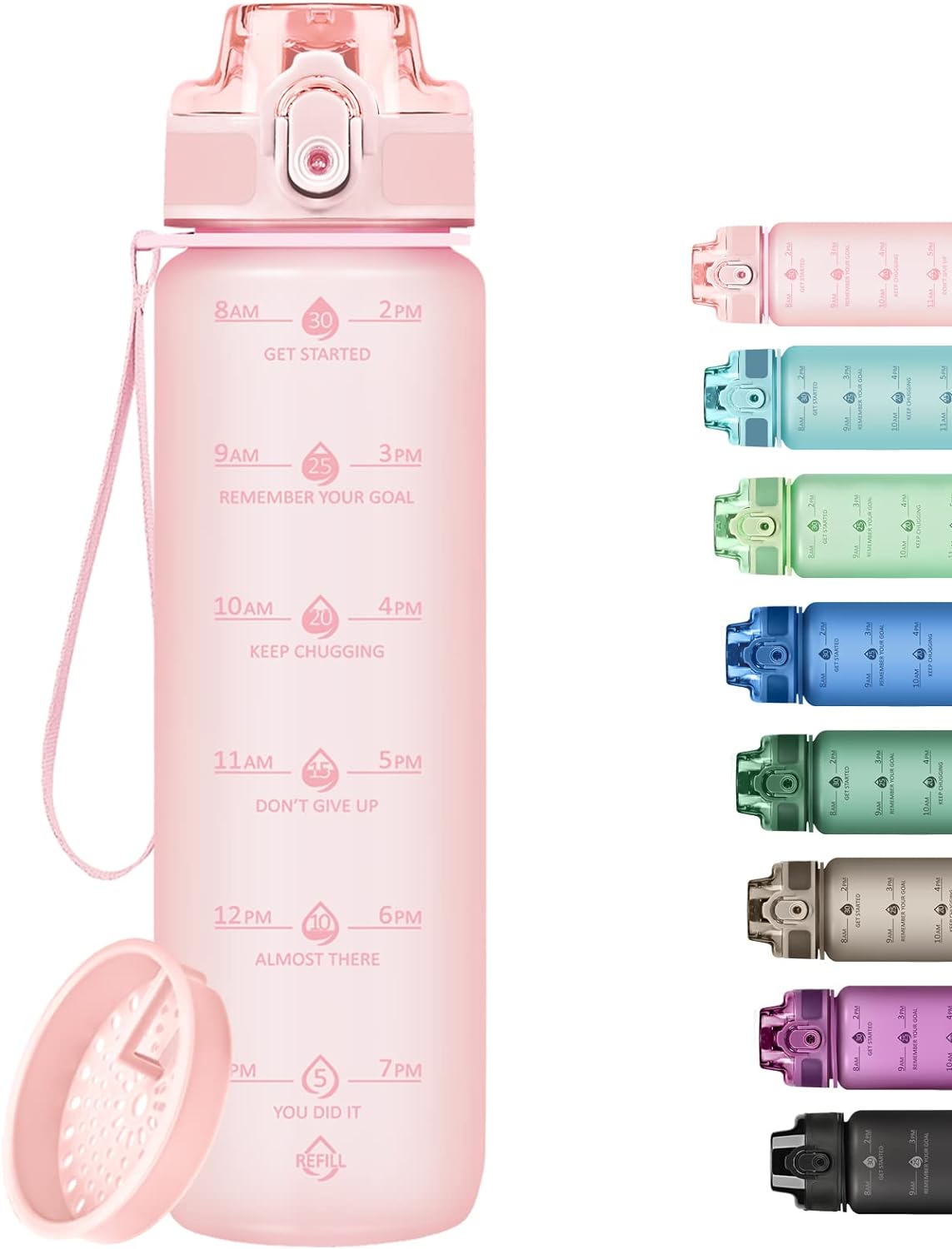 32oz Water Bottle with Time Marker, Motivational Drinking Bottle with Strap, BPA-Free Leak-Proof, Encouraging Water Bottle Time to Drink Water for Gym School Office Travel