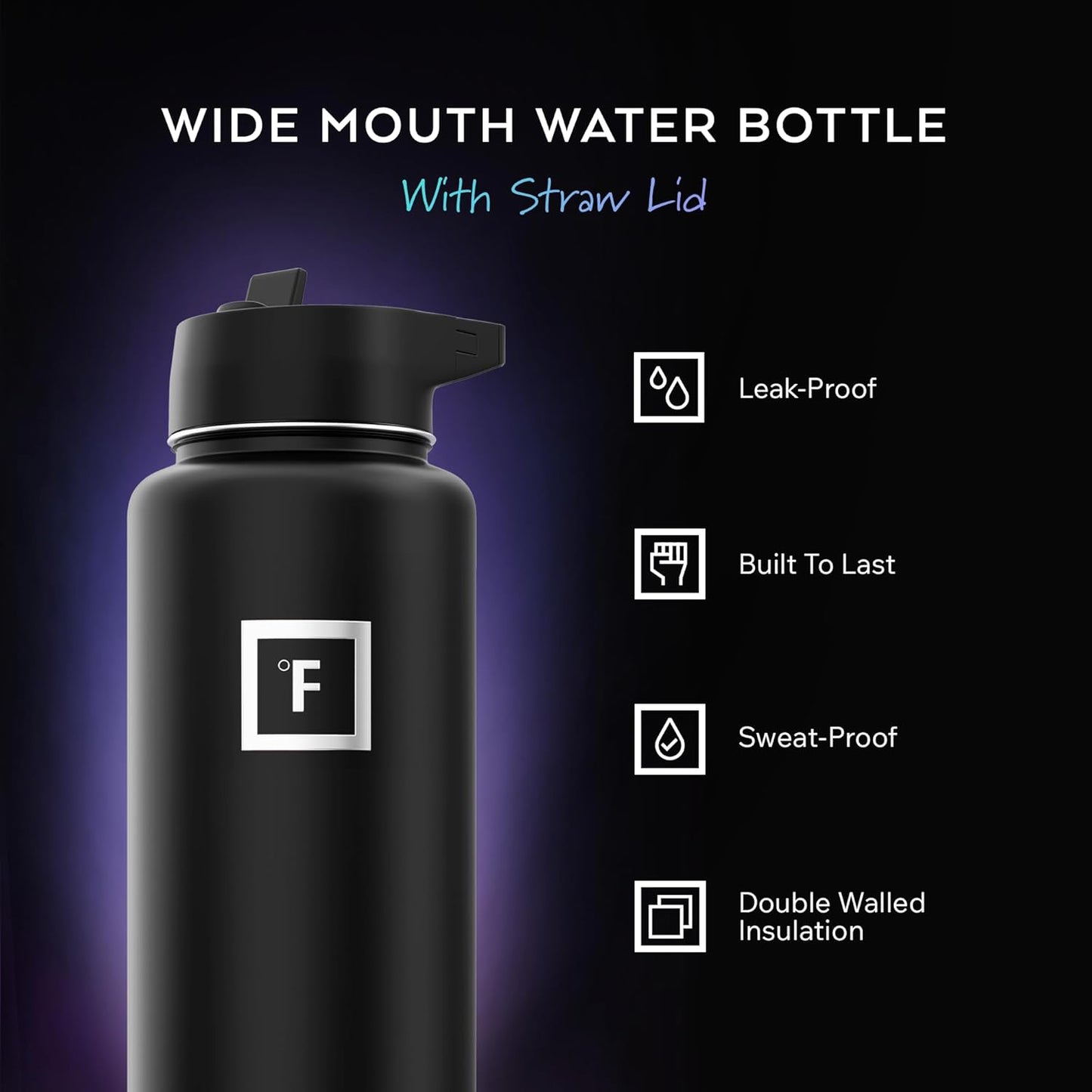 IRON °FLASK Camping & Hiking Hydration Flask with Straw, Wide Mouth Insulated Stainless Steel Sports Water Bottle - 40 oz Midnight Black