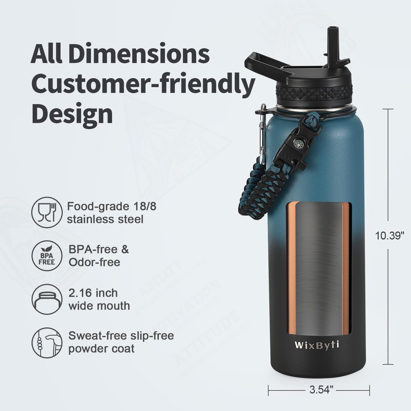WixByti 40 oz Insulated Water Bottle with Straw (Cold for 36 Hrs), Stainless Steel Triple Wall Vacuum Sports Water Jug, Leakproof Hydro Cup Flask with Paracord Handle & Straw Spout Lids & DIY Stickers