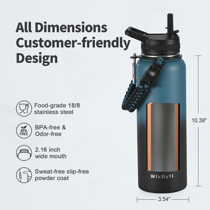 WixByti 40 oz Insulated Water Bottle with Straw (Cold for 36 Hrs), Stainless Steel Triple Wall Vacuum Sports Water Jug, Leakproof Hydro Cup Flask with Paracord Handle & Straw Spout Lids & DIY Stickers