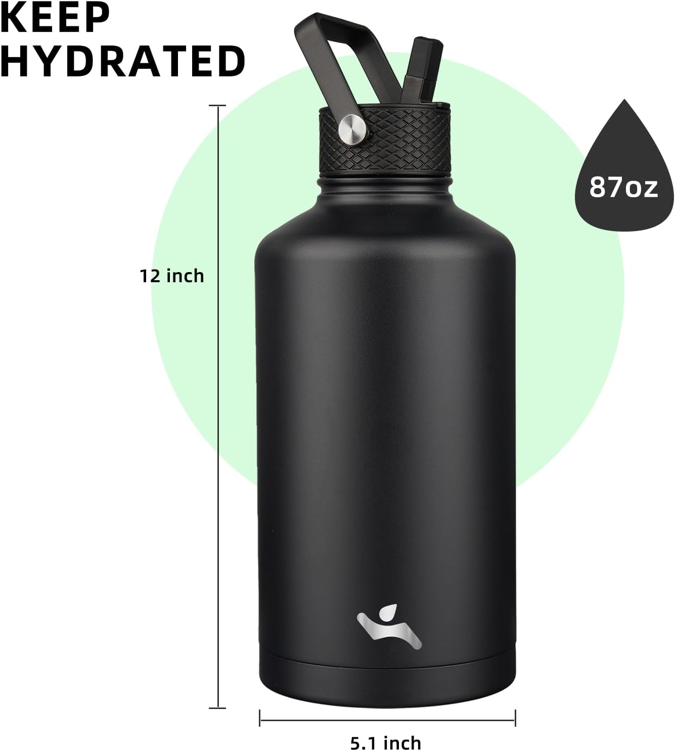 Konokyo 22oz Stainless Steel Bottles with 3 Lids Sport Insulated Water Bottle,Mint