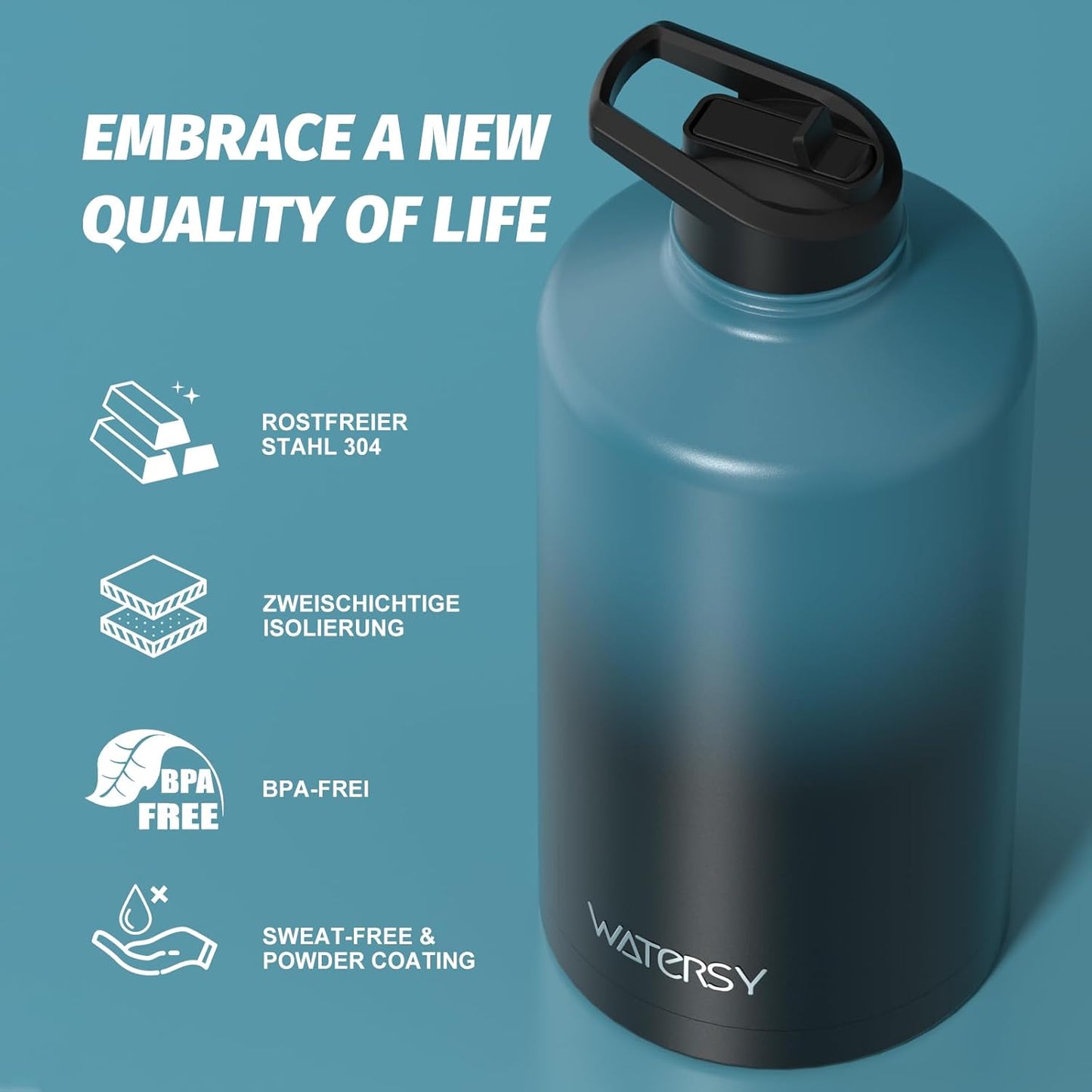 40oz Insulated Water Bottle (Cold for 48 Hrs),BPA Free&Leak Proof,Stainless Steel Water Flask,Water Jug with Straw Spout Lids for Gym,Hiking,Travel,Black Blue