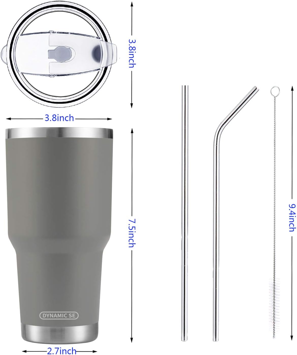 D·S 30oz Blue Tumbler Stainless Steel Double Wall Vacuum Insulated Mug with Straw and Lid, Cleaning Brush for Cold and Hot Beverages
