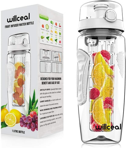 Fruit Infuser Water Bottle 32oz- Durable, Large - BPA Free Tritan, Flip Lid, Leak Proof Design - Sports, Camping