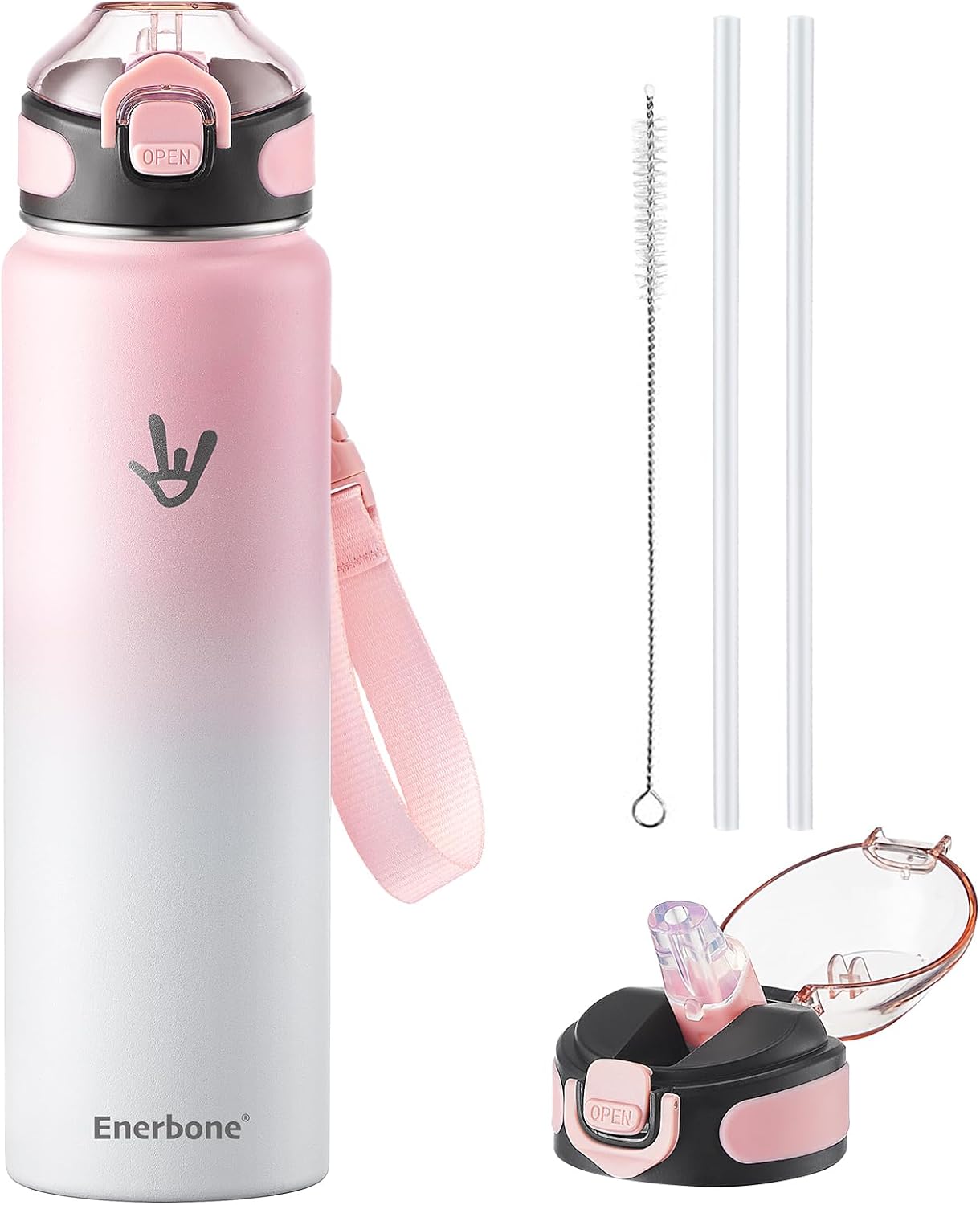 Enerbone 24 oz Insulated Water Bottle, Stainless Steel Bottle with Carrying Strap, Double-Wall Vacuum Insulation Design, Leakproof Sports Bottle with Straw, Keep Drinks Cold or Hot for Hours
