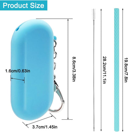 2 Set Silicone Straws with Case, Reusable Travel Straw Cruise Ship Essentials, Foldable Portable Straw + Deep Cleaning Brush + Carry Case with Keychain, for Travel & Party Cold or Hot (Pink & Blue)