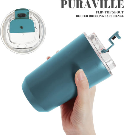 Puraville Insulated Tumblers with Lid, 14 oz Travel Coffee Mug Stainless Steel Vacuum Cup, Leak Proof Reusable Double Walled Coffee Tumbler for Iced and Hot Drinks, Cream