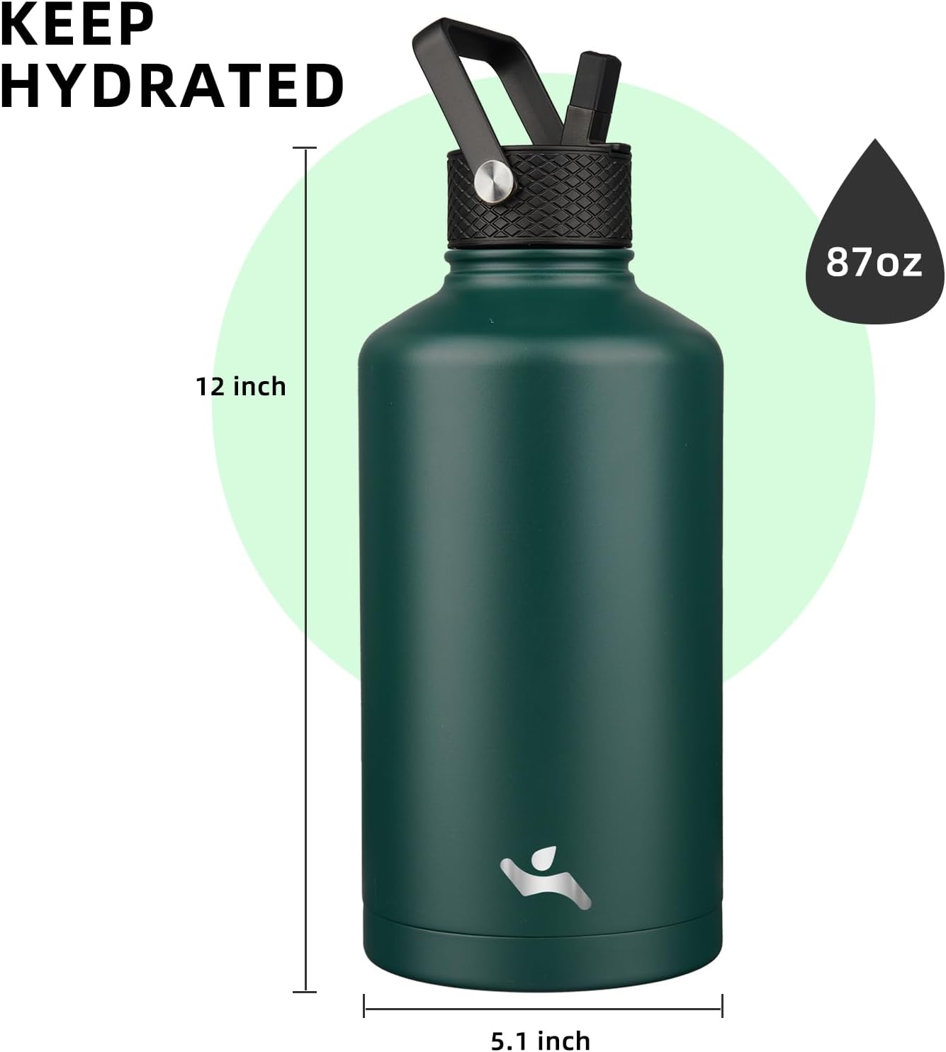 Konokyo 22oz Stainless Steel Bottles with 3 Lids Sport Insulated Water Bottle,Mint