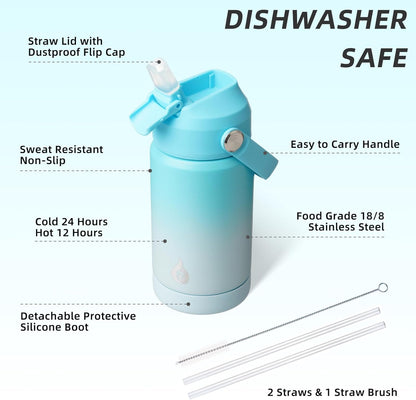 BJPKPK Insulated Water Bottle with Straw Lid, 18oz Thermo Water Bottles with Soft Nozzle, Flex Handle & Non-slip Boot, BPA Free Leak Proof Stainless Steel Metal Thermo, Tumblers, Cups,Sea Salt