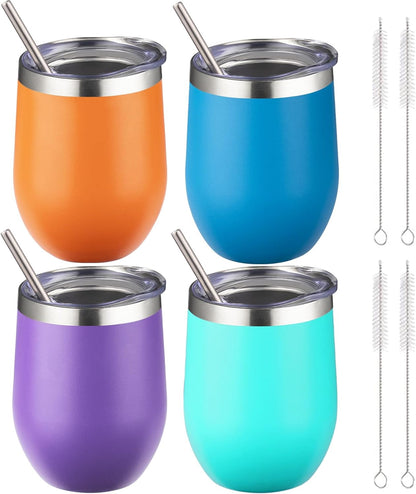 12 oz Insulated Wine Tumbler with Lid and Straw,Stainless Steel Stemless Wine Tumbler Glasses Double Wall Vacuum Wine Cups Tumbler for Coffee,Champaign,Cocktail,Office（Silver,1）