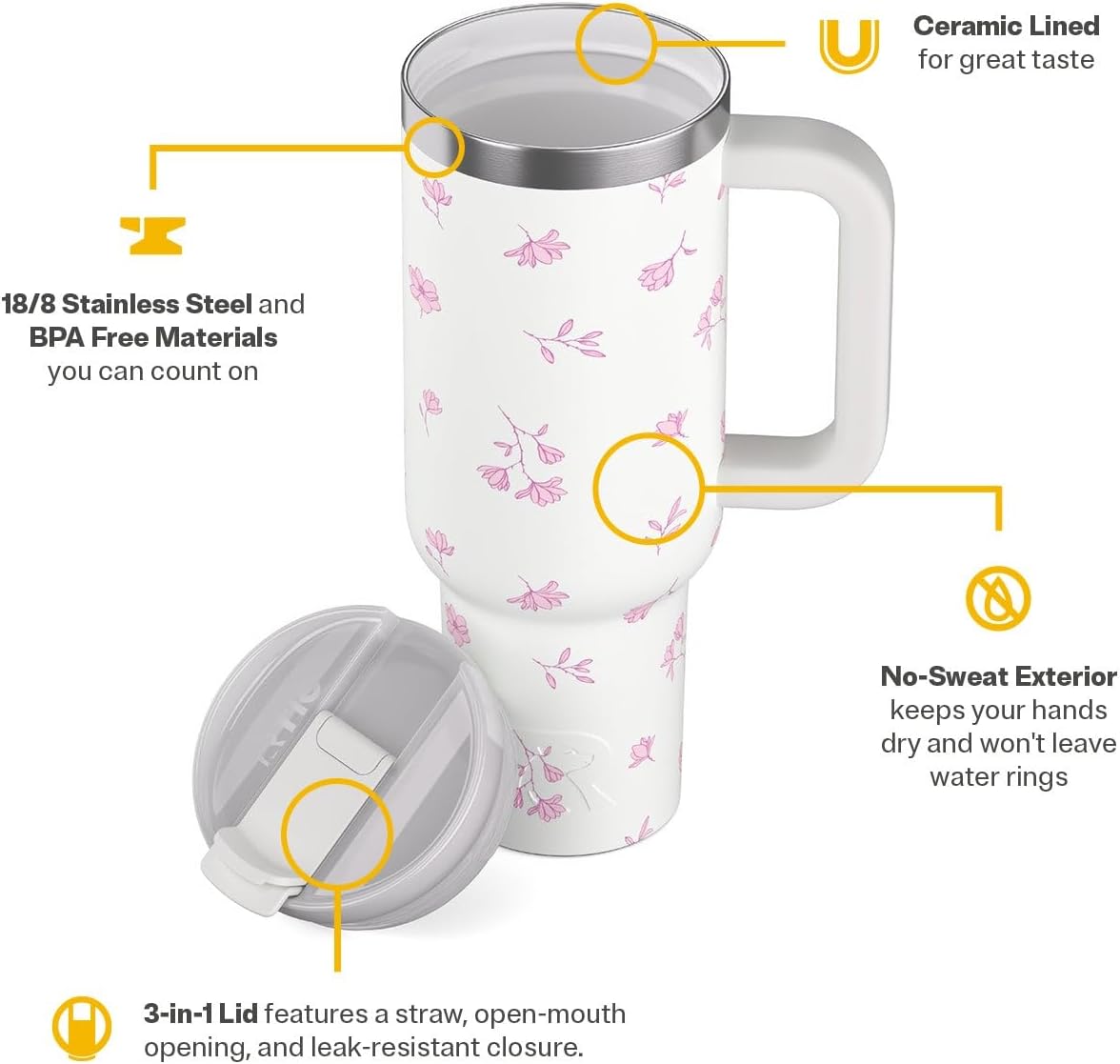 RTIC 30 oz Road Trip Tumbler Double-Walled Ceramic Lined InsulatedStainless Steel Portable Travel Coffee Mug Cup with Lid, Handle and Straw, Periwinkle Bouquet