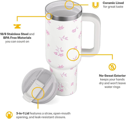 RTIC 30 oz Road Trip Tumbler Double-Walled Ceramic Lined InsulatedStainless Steel Portable Travel Coffee Mug Cup with Lid, Handle and Straw, Periwinkle Bouquet