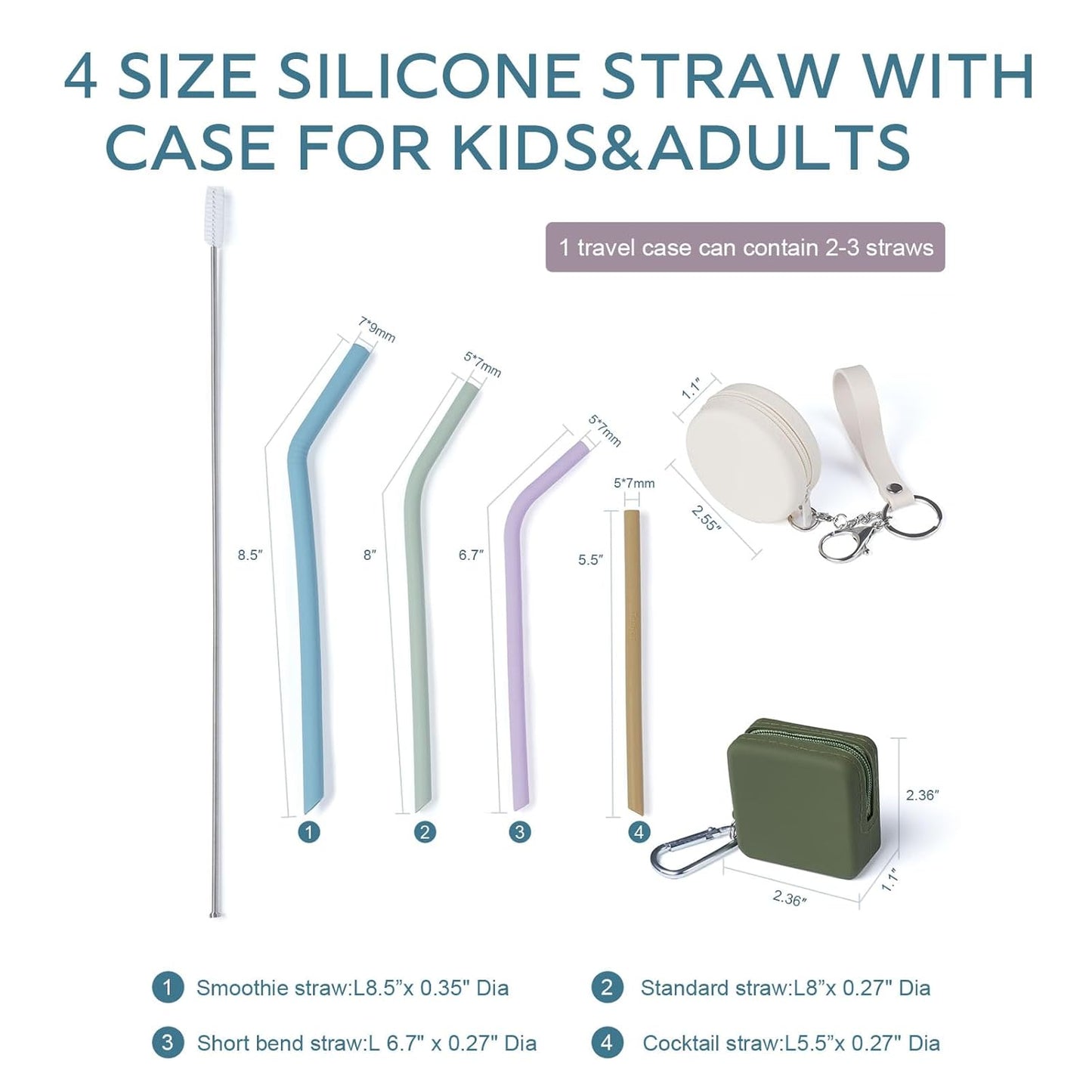 4-Size Reusable Silicone Straws with Travel Keychain Cases-Portable Collapsible For Cruise Ships, Short-Long Size For 4-20 oz Tumblers,Kids Toddlers Adults, Standard&Wide For Regular Liquid&Smoothie