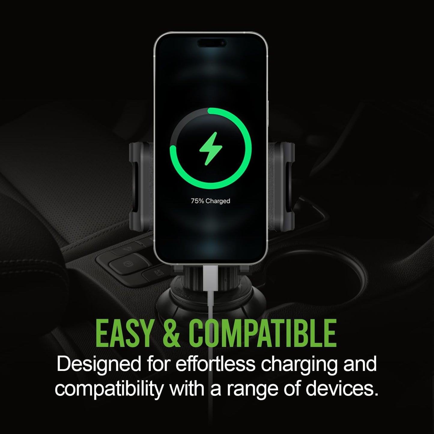 Cellet Cup Holder Tray for Car with Phone Mount – Expandable Base, 360° Rotation Food & Drink Tray with Non-Slip Surface, Adjustable Arm for Eating in Vehicle – Fits Most Standard Car Cup Holders