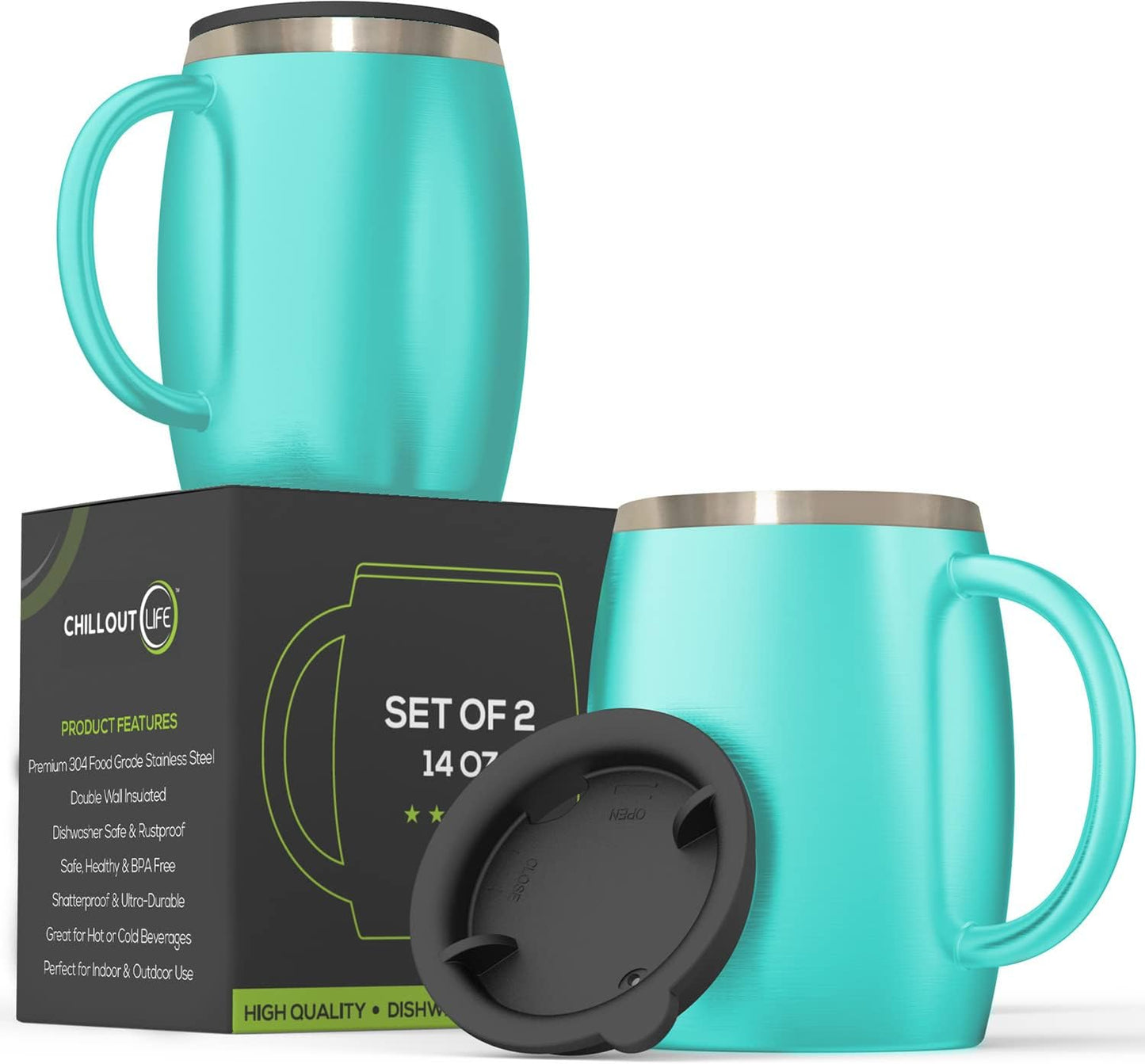 CHILLOUT LIFE Stainless Steel Insulated Coffee Mugs Set of 2 (14oz) – Double Wall Coffee Cups with Spill Resistant Lid & Strong Handle, Shatterproof Cups for Cold Drinks and Hot Beverages
