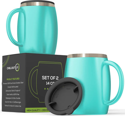 CHILLOUT LIFE Stainless Steel Insulated Coffee Mugs Set of 2 (14oz) – Double Wall Coffee Cups with Spill Resistant Lid & Strong Handle, Shatterproof Cups for Cold Drinks and Hot Beverages