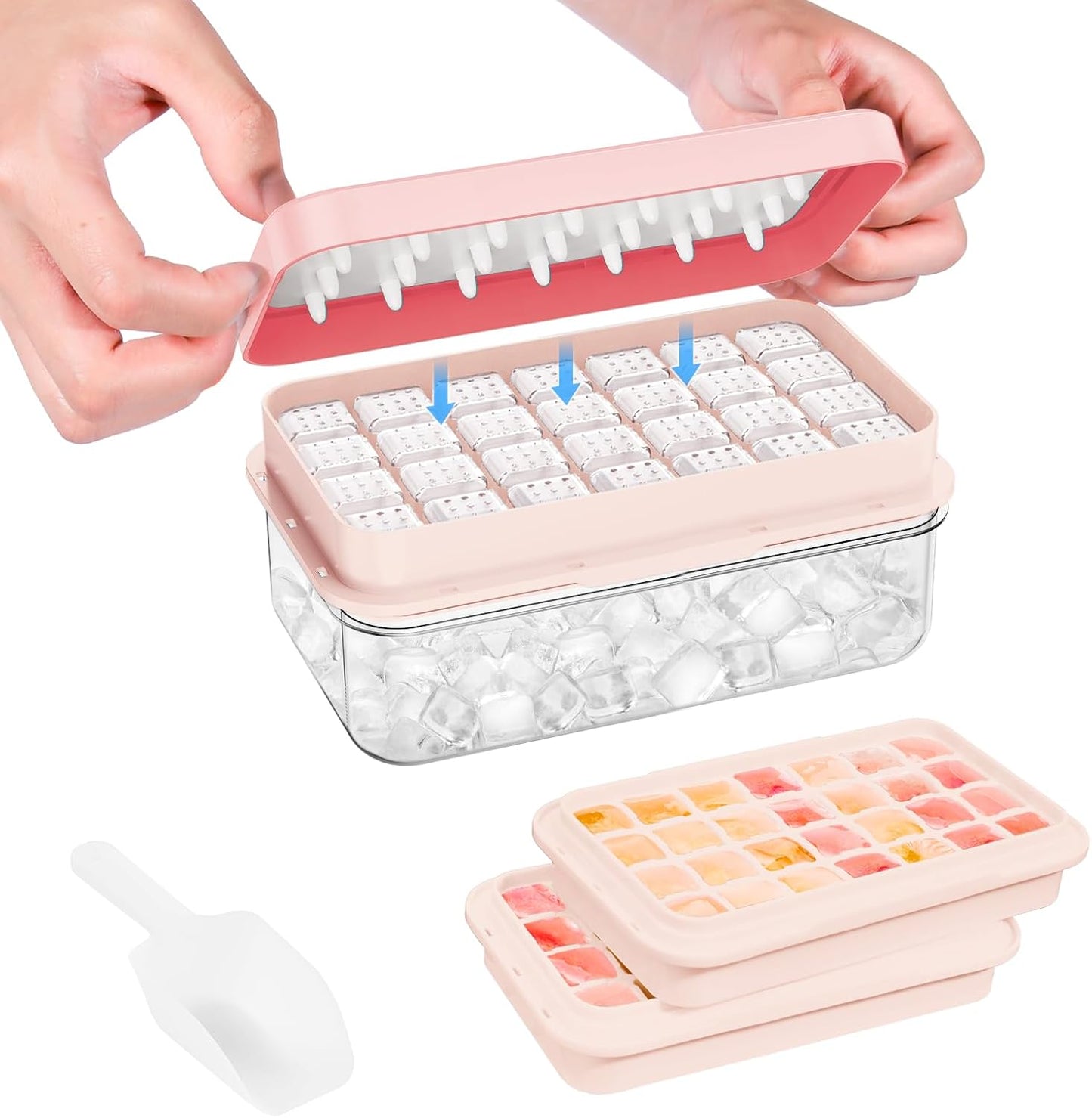 Ice Cube Tray with Lid and Bin, PHINOX 56 pcs Ice Trays for Freezer, Ice Cube Trays for Freezer with 2 trays, Container, Lid & Ice Scoop, BPA Free