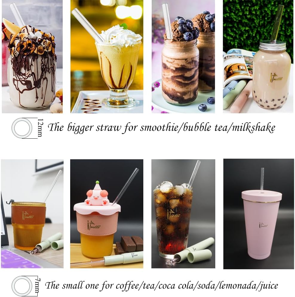 Reusable Glass Drinking Boba Straws Set with Portable Travel Case,Cleaning Brush,7mmx8.27” and 12mmx8.27”,Perfect for Smoothies,Milkshakes,Juice,Coffee,Bubble Tea,Sparking Water