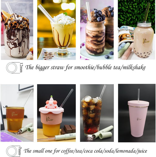 Reusable Glass Drinking Boba Straws Set with Portable Travel Case,Cleaning Brush,7mmx8.27” and 12mmx8.27”,Perfect for Smoothies,Milkshakes,Juice,Coffee,Bubble Tea,Sparking Water