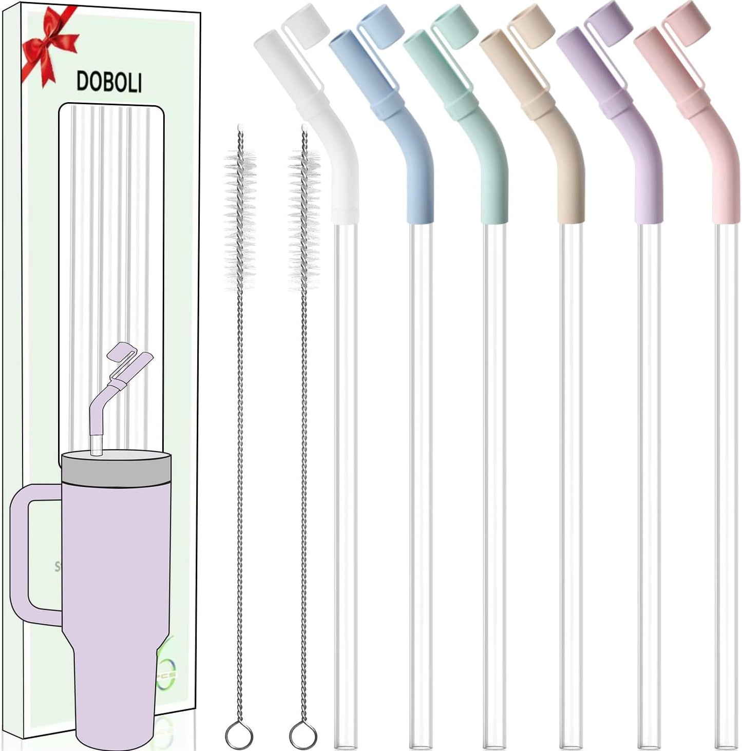 Doboli 6 Pack Reusable Drinking Long Straws with Silicone Tips,Compatible with Stanley 40 oz 30 oz Cup Tumbler,6 Clear Plastic Straws, 6 Silicone Tips, 2 Straw Cleaning Brush