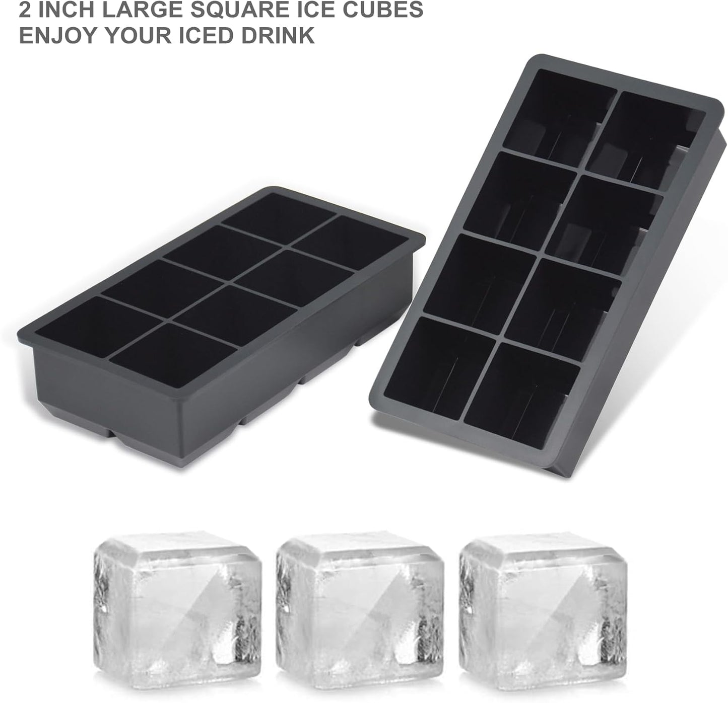 Bangp Large Ice Cube Tray for Whiskey,2 Pack Stackable Big Ice Cube Molds Make 16 Big Whiskey Ice Cubes,Easy Release Square Ice Cube Maker for Cocktails,Whiskey,Soups and Frozen Treats