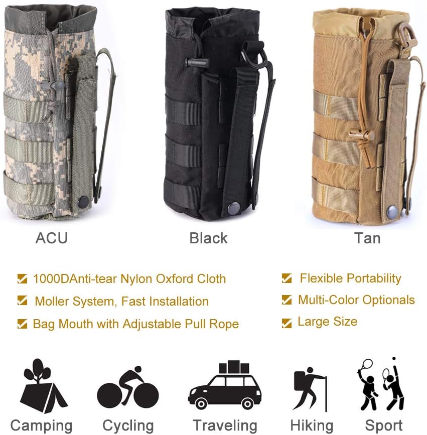 Upgraded Sports Water Bottles Pouch Bag, Tactical Drawstring Molle Water Bottle Holder Tactical Pouches, Travel Mesh Water Bottle Bag Tactical Hydration Carrier