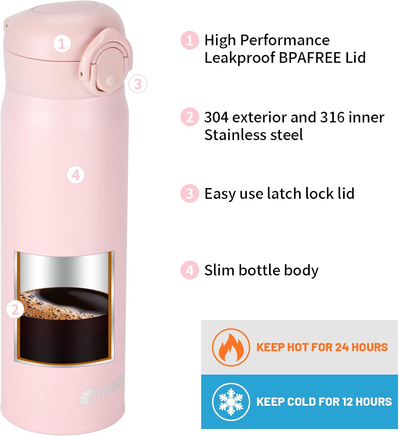 17 oz / 500 ml Insulated Water Bottle, Stainless Steel Thermo Coffee Travel Mug, Thermal Cup with Snap Flip Lid, BPA Free for Hot and Cold Drinking, Black