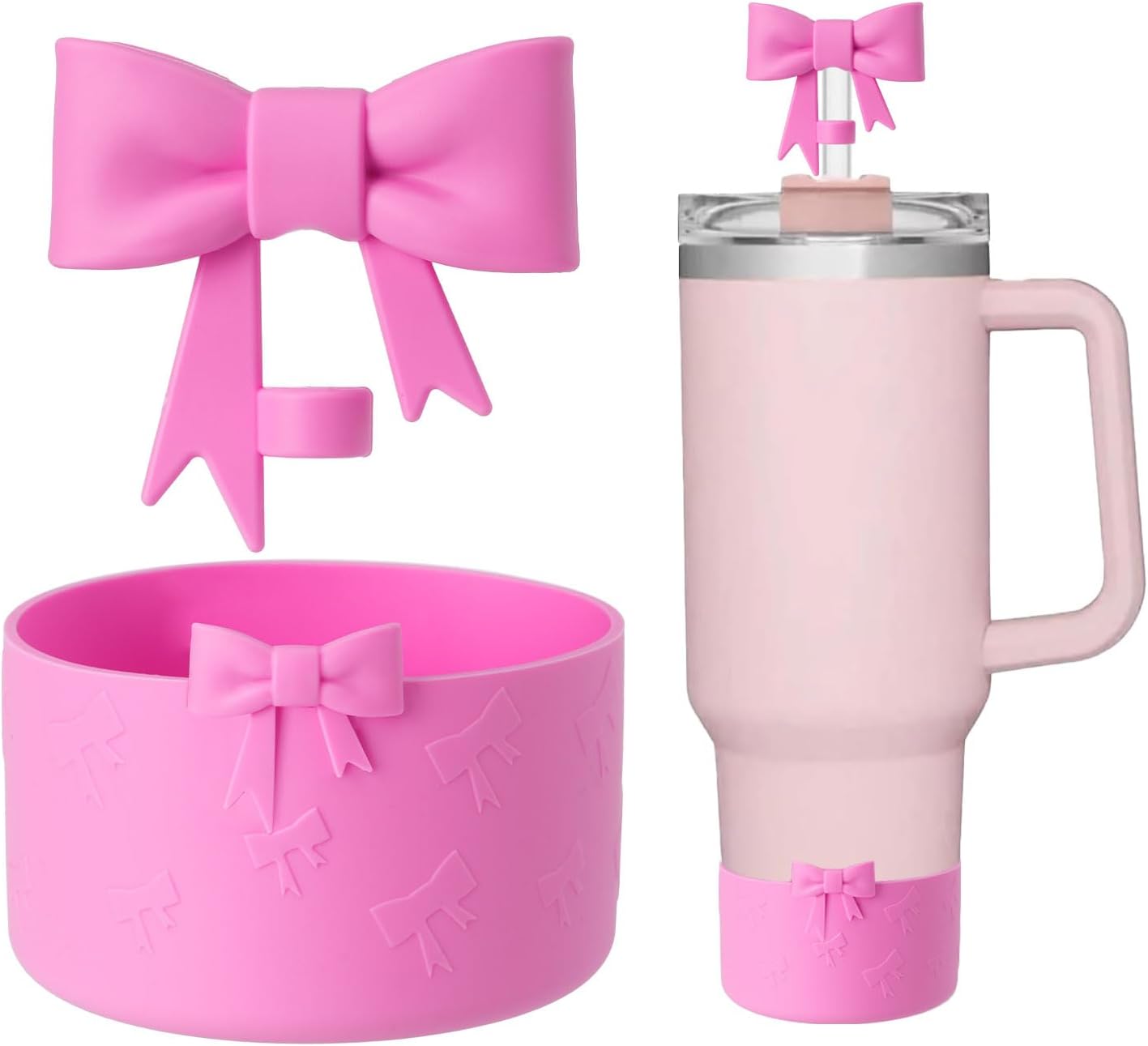 Bow Silicone Protective for Stanley Boot for 20/30/40Oz, 2 Pack for Stanley Cup Accessories Compatible 12-24Oz for Hydroflask Boot and More (Pink Set)
