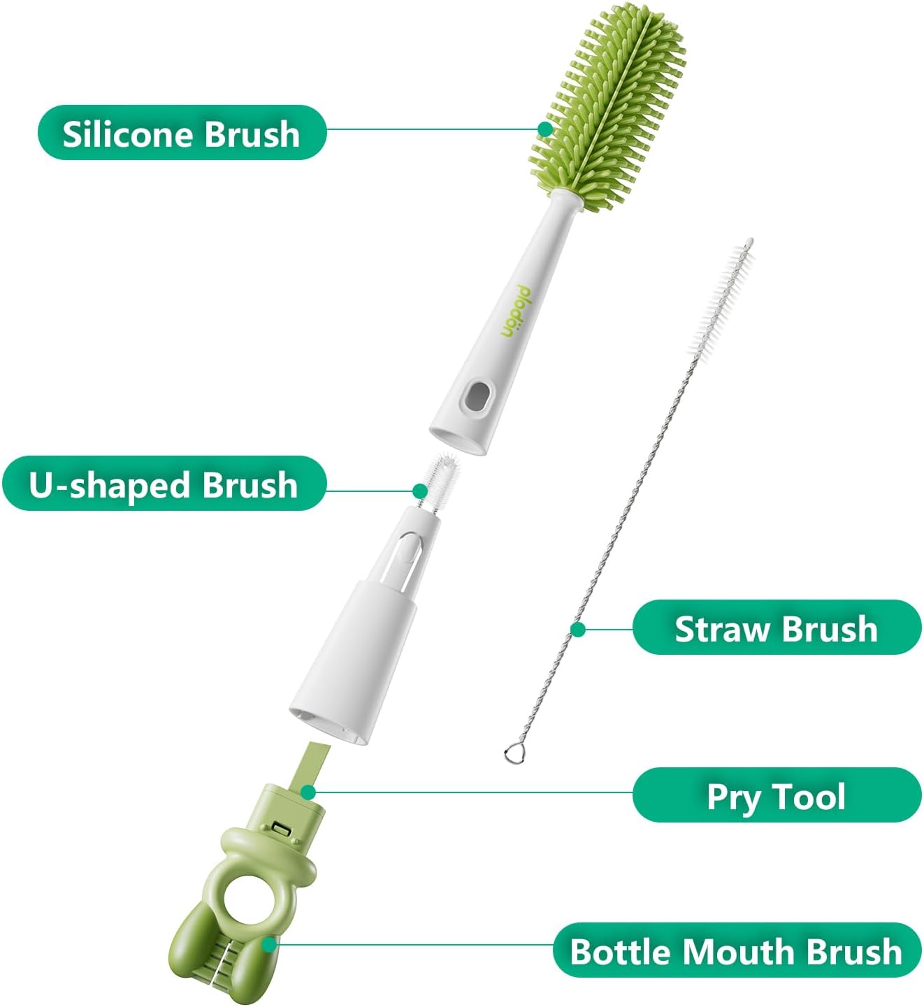 Detachable 5-in-1 Bottle Cleaning Brush Set - Silicone Baby Bottle Brush Cleaner Kit with Nipple Brush, Detail Brush & Straw Brush, Portable Long Handle Bottles Scrubber Cleaning Tool