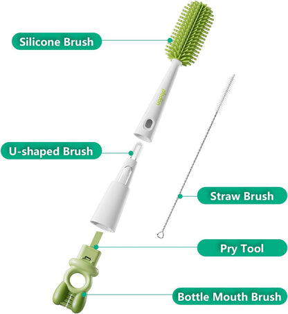 Detachable 5-in-1 Bottle Cleaning Brush Set - Silicone Baby Bottle Brush Cleaner Kit with Nipple Brush, Detail Brush & Straw Brush, Portable Long Handle Bottles Scrubber Cleaning Tool
