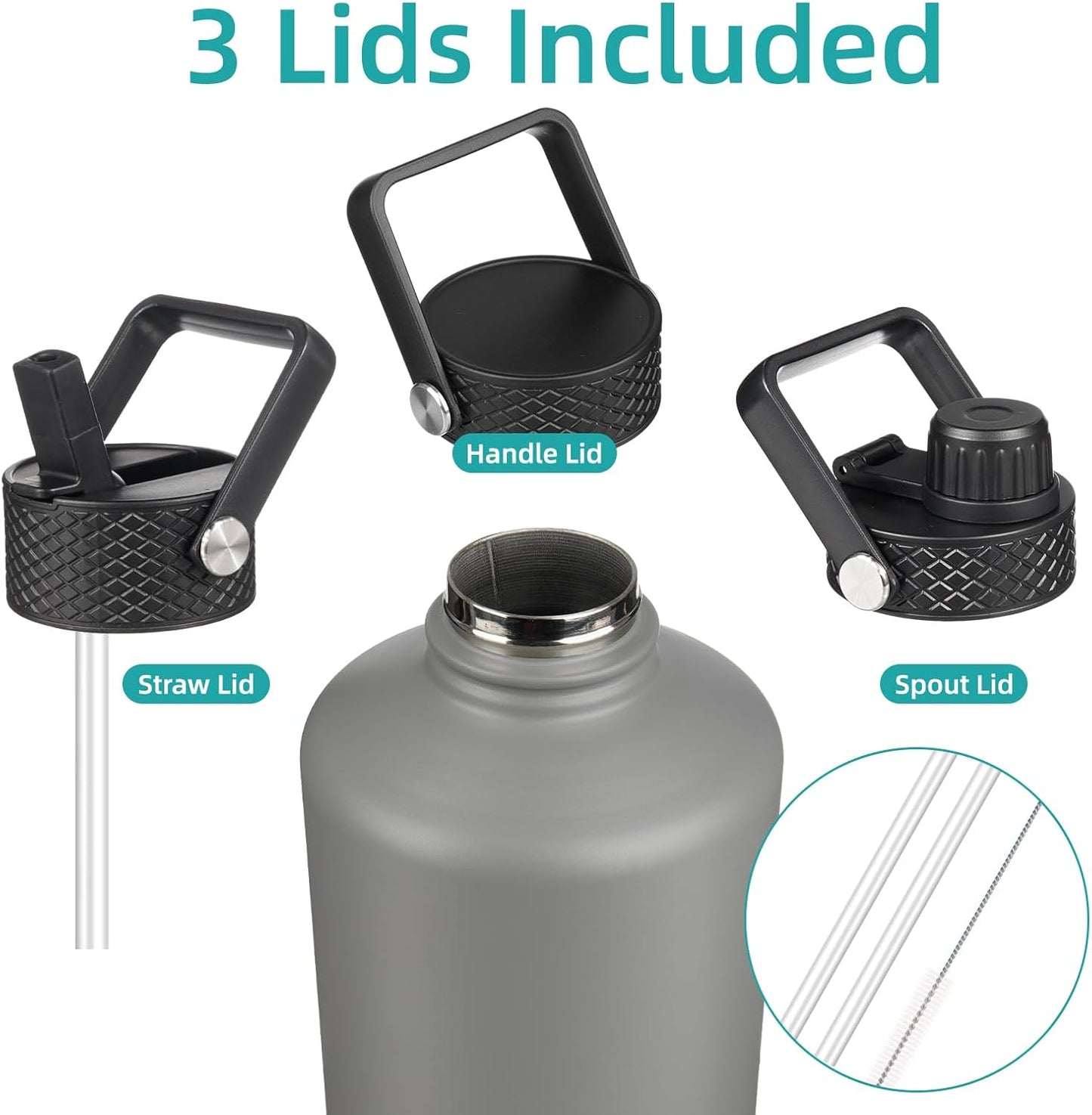 Konokyo 22oz Stainless Steel Bottles with 3 Lids Sport Insulated Water Bottle,Mint