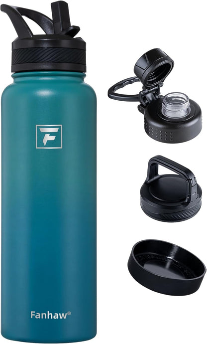 Fanhaw 40 oz Insulated Water Bottle – Stainless Steel Flask with 3 Lids (Straw, Spout, Carabiner) | Durable, Leakproof, for Hiking, Camping, Outdoor Adventures & Travel (Green Blue)