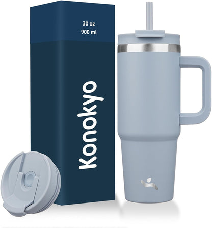 Konokyo 30 oz Tumbler with Handle and 2 Straws,2 in 1 Lid Insulated Water Bottle Stainless Steel Travel Coffee Mug,Sky