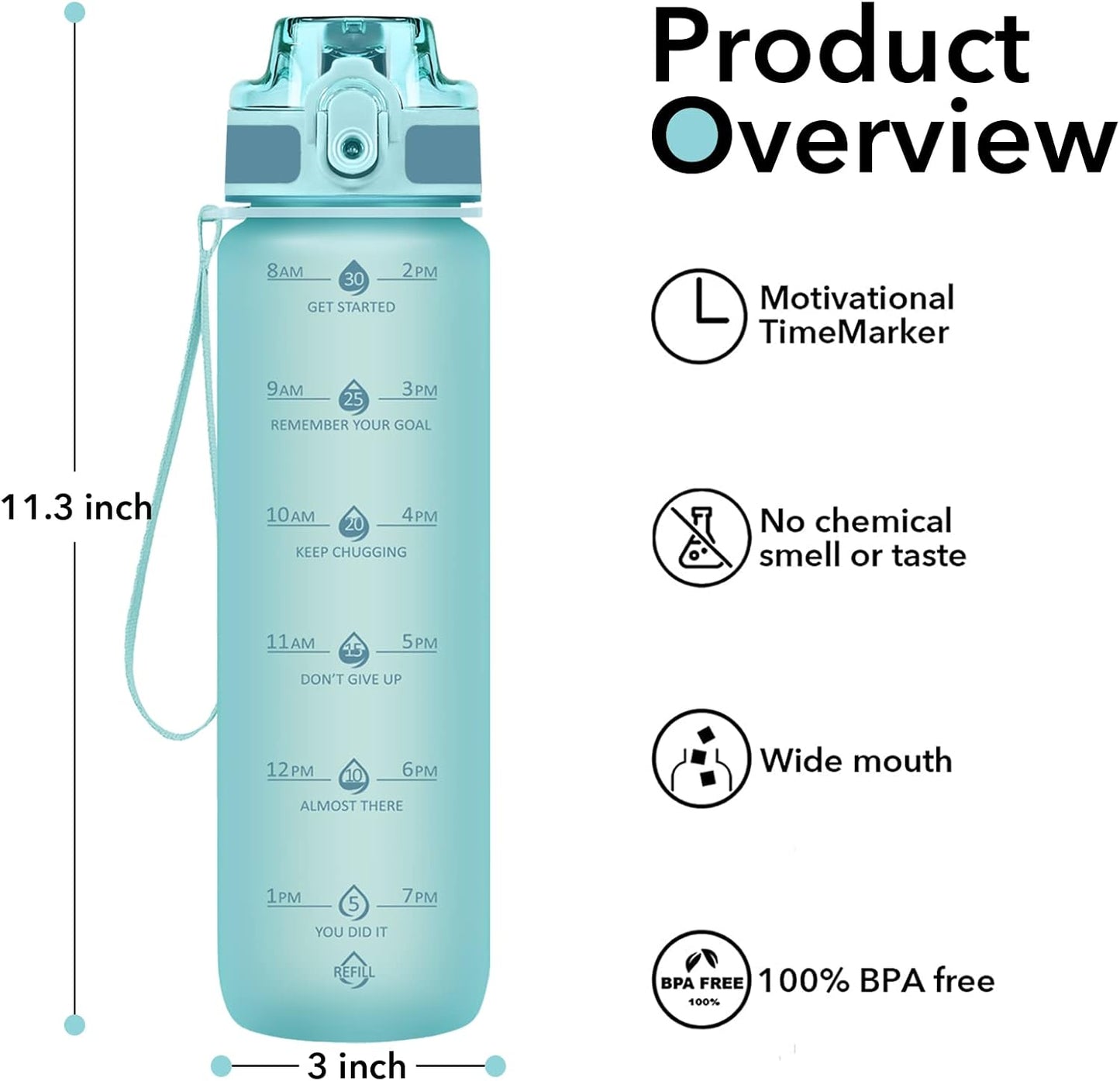 32oz Water Bottle with Time Marker, Motivational Drinking Bottle with Strap, BPA-Free Leak-Proof, Encouraging Water Bottle Time to Drink Water for Gym School Office Travel