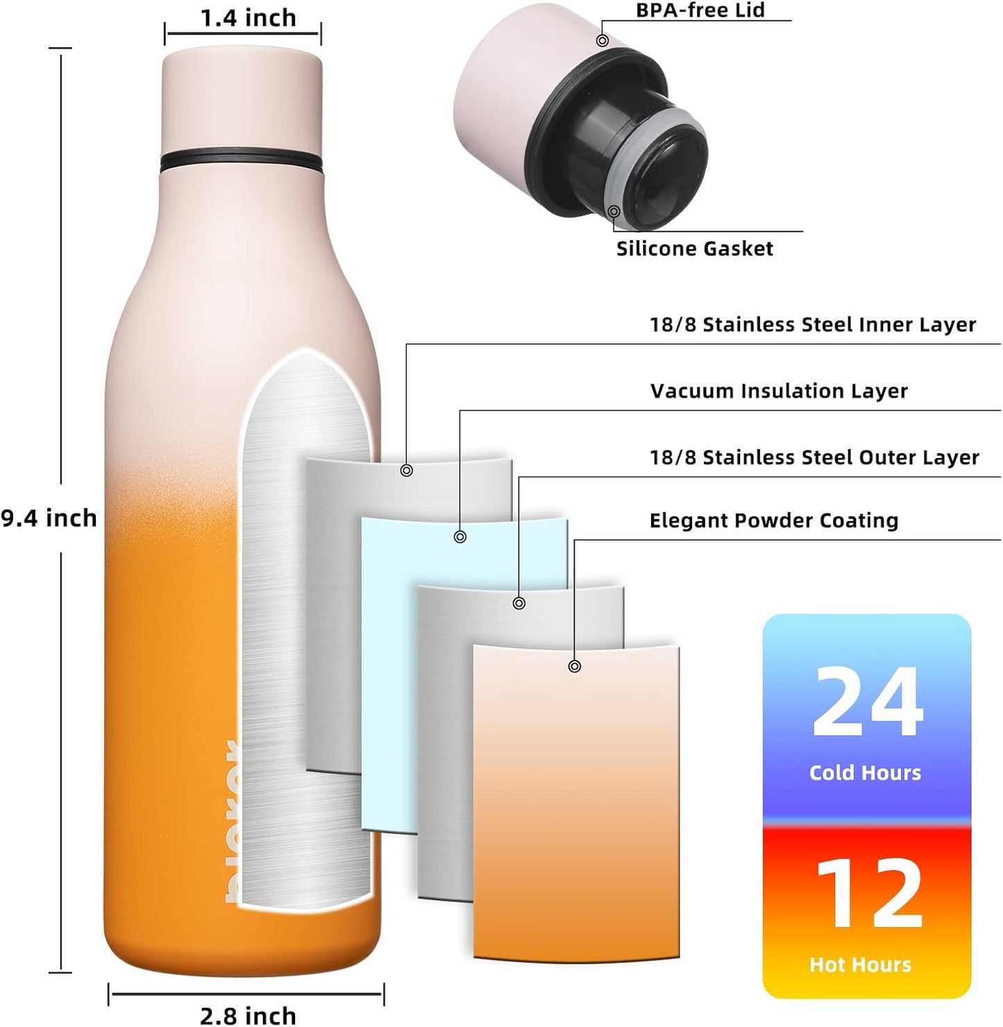 BJPKPK Insulated Water Bottles, 18 oz Stainless Steel Metal Water Bottle with Strap, BPA Free Leak Proof Jugs, Mugs, Flasks, Reusable Thermal Flasks for Sports & Travel, Black - Colors A