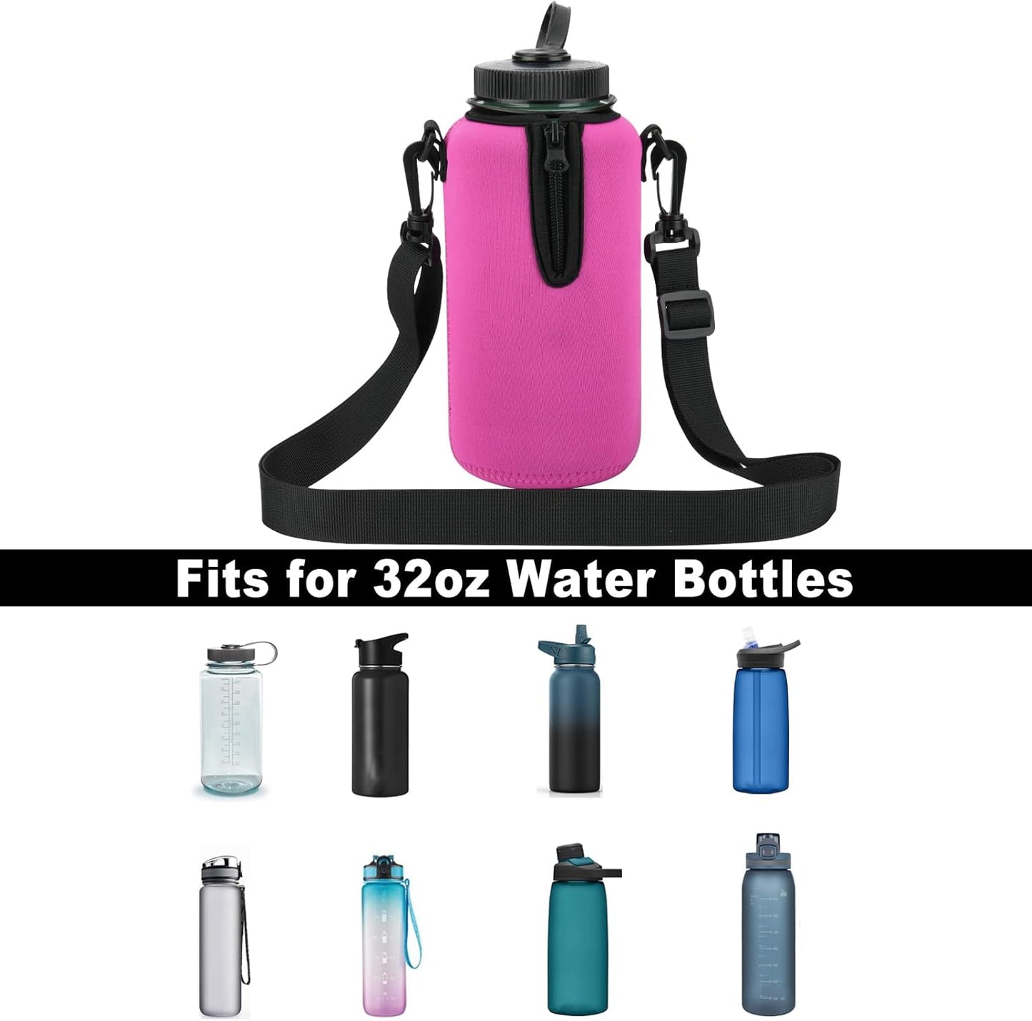 Beautyflier Neoprene Water Bottle Sleeve Insulator Cooler, Compatible with Nalgene Water Bottle 32 OZ, with Adjustable Shoulder Strap for Hydro Flask Wide Mouth Bottle 32oz, etc.