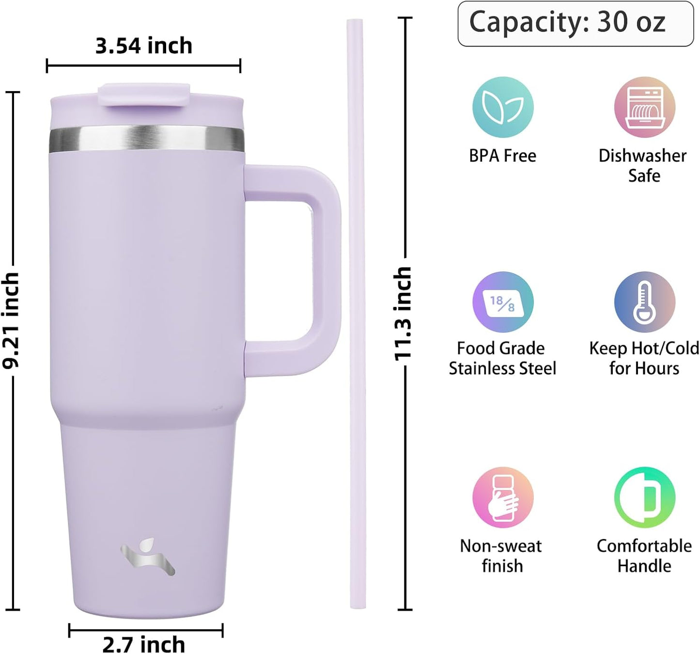 Konokyo 30 oz Tumbler with Handle and 2 Straws,2 in 1 Lid Insulated Water Bottle Stainless Steel Travel Coffee Mug,Sky