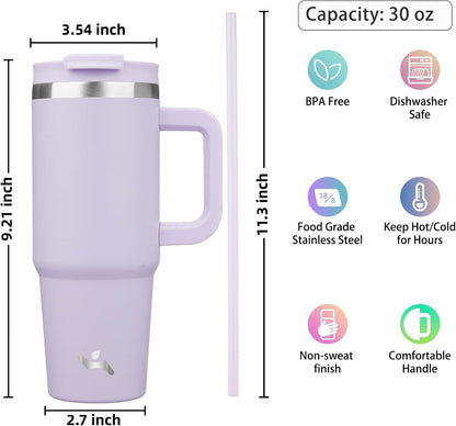 Konokyo 30 oz Tumbler with Handle and 2 Straws,2 in 1 Lid Insulated Water Bottle Stainless Steel Travel Coffee Mug,Sky