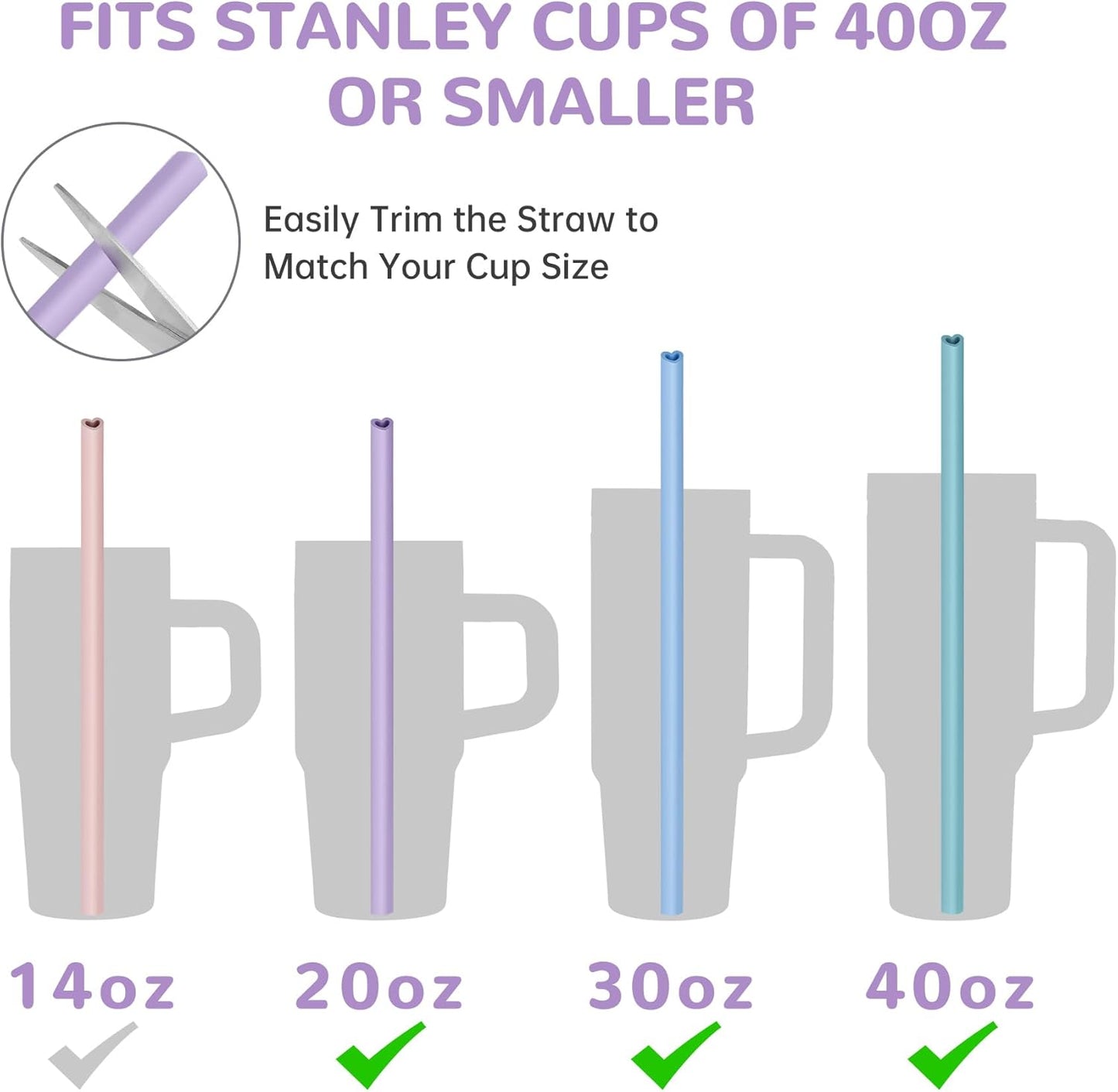 Tomorotec 15PCS Heart Shaped Silicone Straws Fit for Stanley 40oz 30oz 20oz Tumbler, 12.2 Inch Reusable Silicone Drinking Straws Fit for Stanley Cups, Customizable for Various Drinkware w/ 2 Brushes