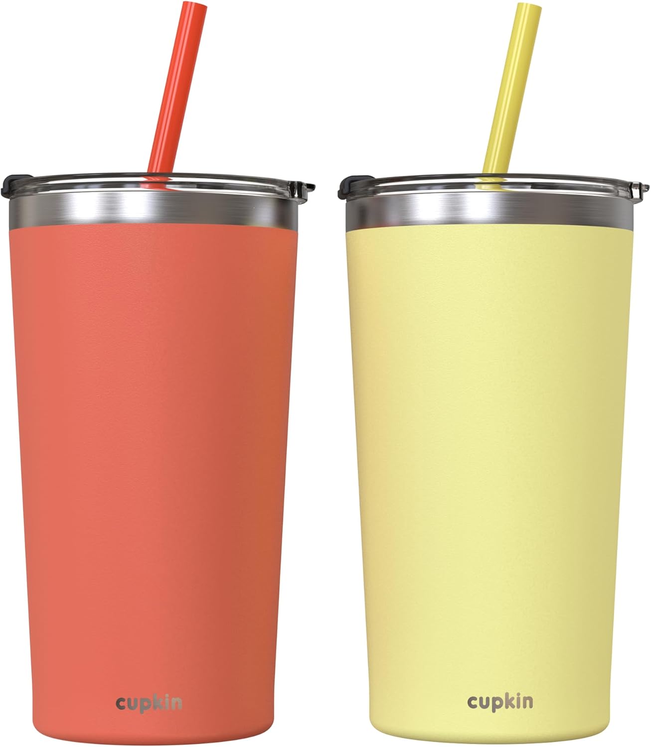 CUPKIN Stainless Steel Insulated Tumbler with Lid and Straw, 20 oz Stainless Steel Cups, Set of 2 Travel Coffee Mug for Adults, Iced Coffee Cup with Lid, Tumbler for Travel (Coral + Yellow)