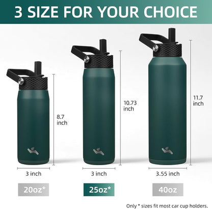 Konokyo 22oz Stainless Steel Bottles with 3 Lids Sport Insulated Water Bottle,Mint