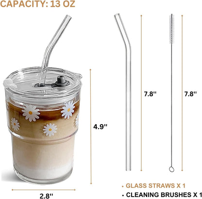 Olvini 13oz Glass Tumbler with Straw and Lid, Reusable Iced Coffee Cup Tumbler, Cute Glass Cups for Water, Matcha, Travel Coffee Mugs (Daisy)
