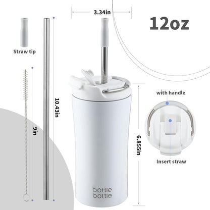 BOTTLE BOTTLE Coffee Tumbler with Dual-use Lid and Straw Double Walled Iced Travel Coffee Mug for Woman and Man 12 oz Stainless Steel Insulated Tumbler with Handle (blue)