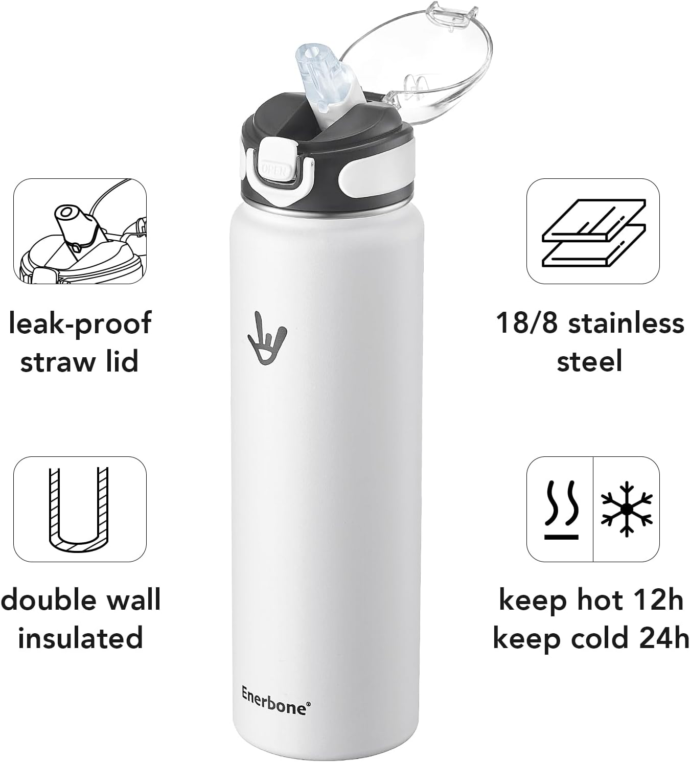 Enerbone 24 oz Insulated Water Bottle, Stainless Steel Bottle with Carrying Strap, Double-Wall Vacuum Insulation Design, Leakproof Sports Bottle with Straw, Keep Drinks Cold or Hot for Hours