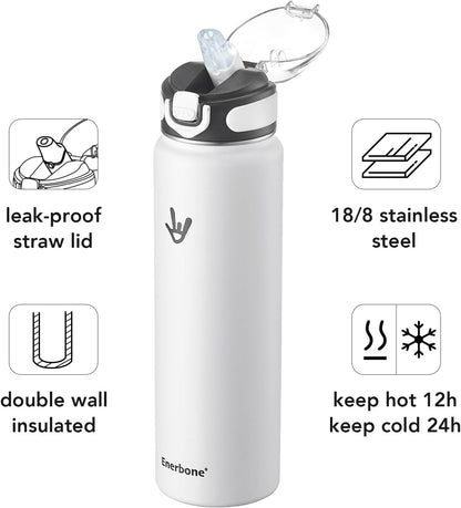 Enerbone 24 oz Insulated Water Bottle, Stainless Steel Bottle with Carrying Strap, Double-Wall Vacuum Insulation Design, Leakproof Sports Bottle with Straw, Keep Drinks Cold or Hot for Hours